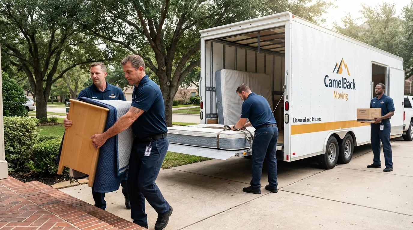 Crew loading residential truck for cross-state move from Eldridge, IA