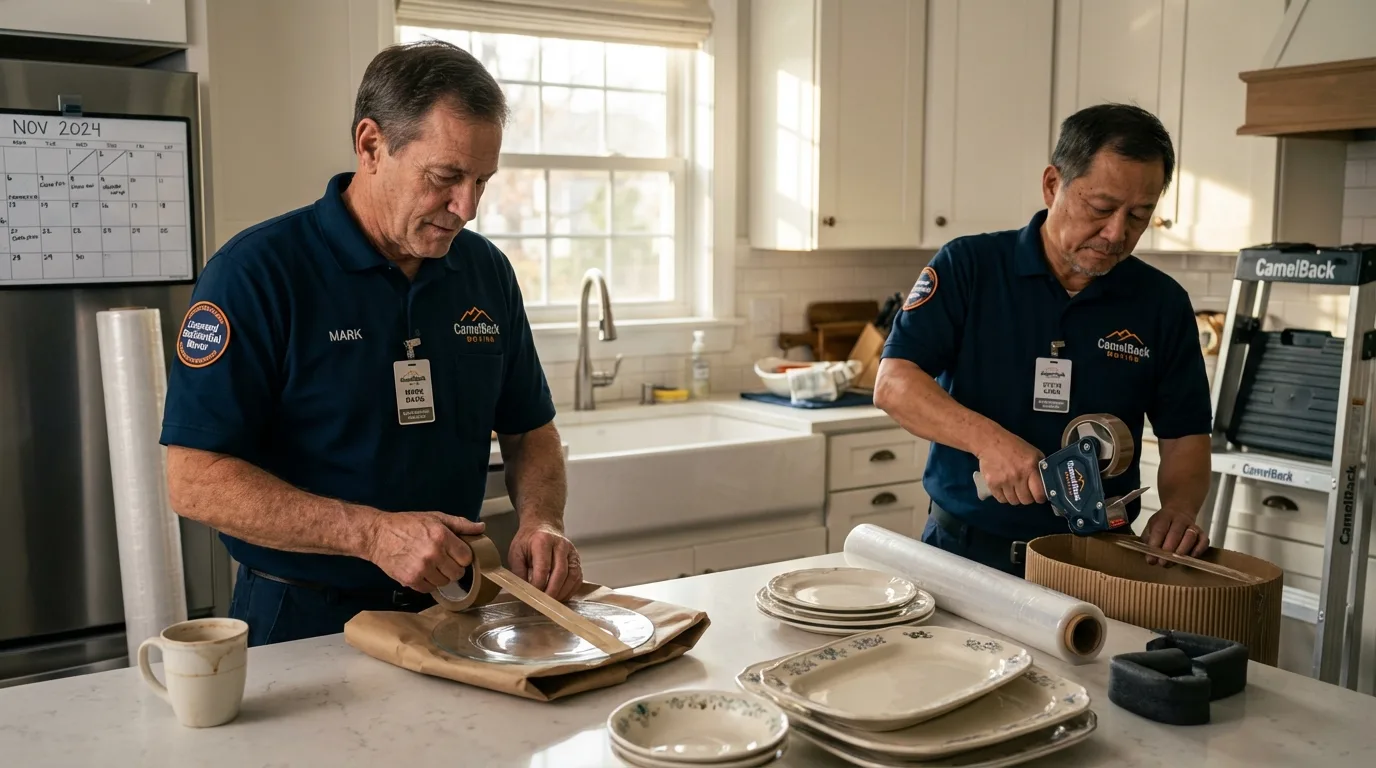 Professional crew packing kitchen dishware in Eldridge, IA